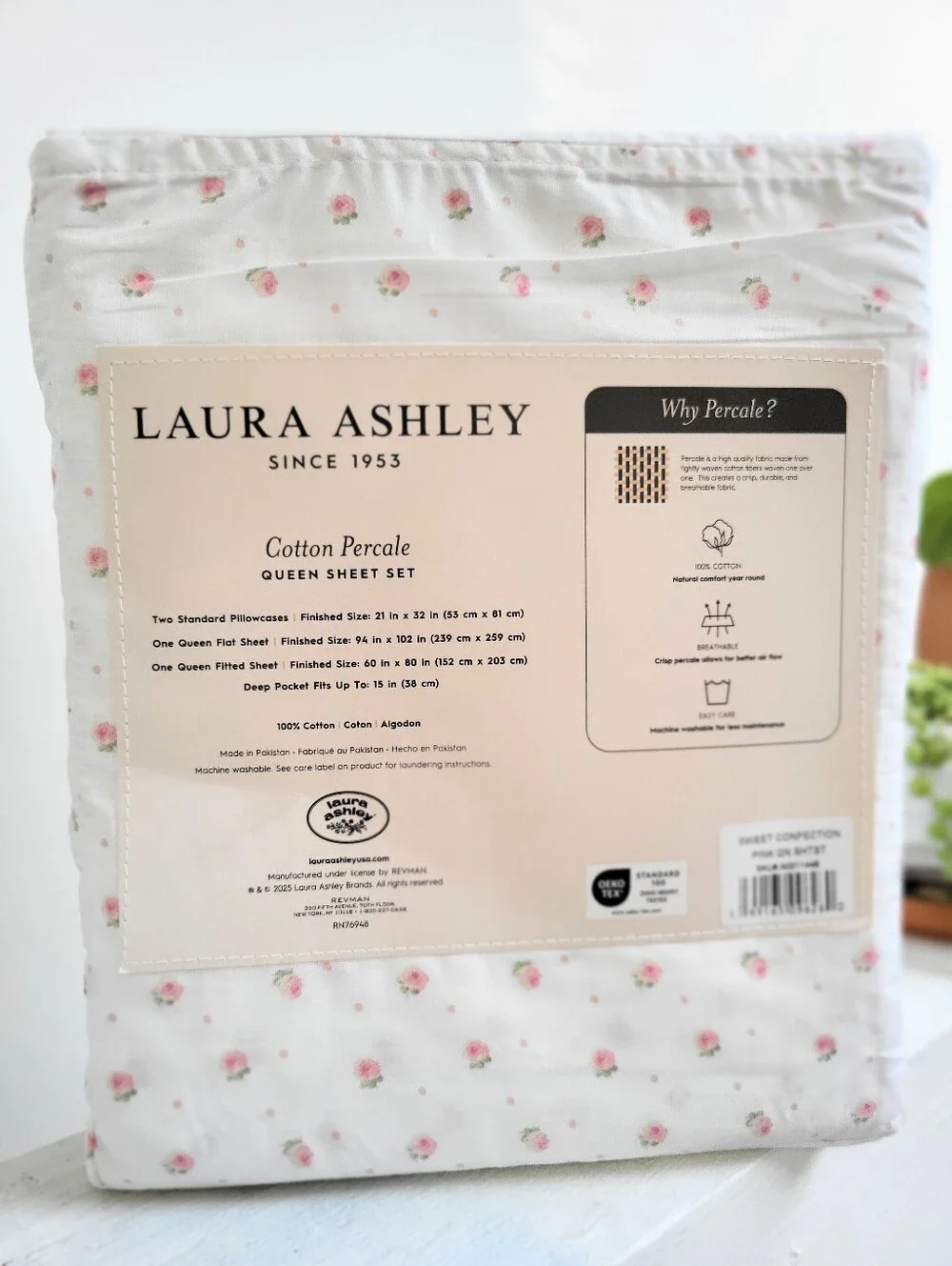 Laura Ashley QUEEN Ruffled Sheet Set Pink  Floral Percale Cotton Cottagecore